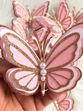 Pink Glitter Butterfly Embellishments with Pearl Accents